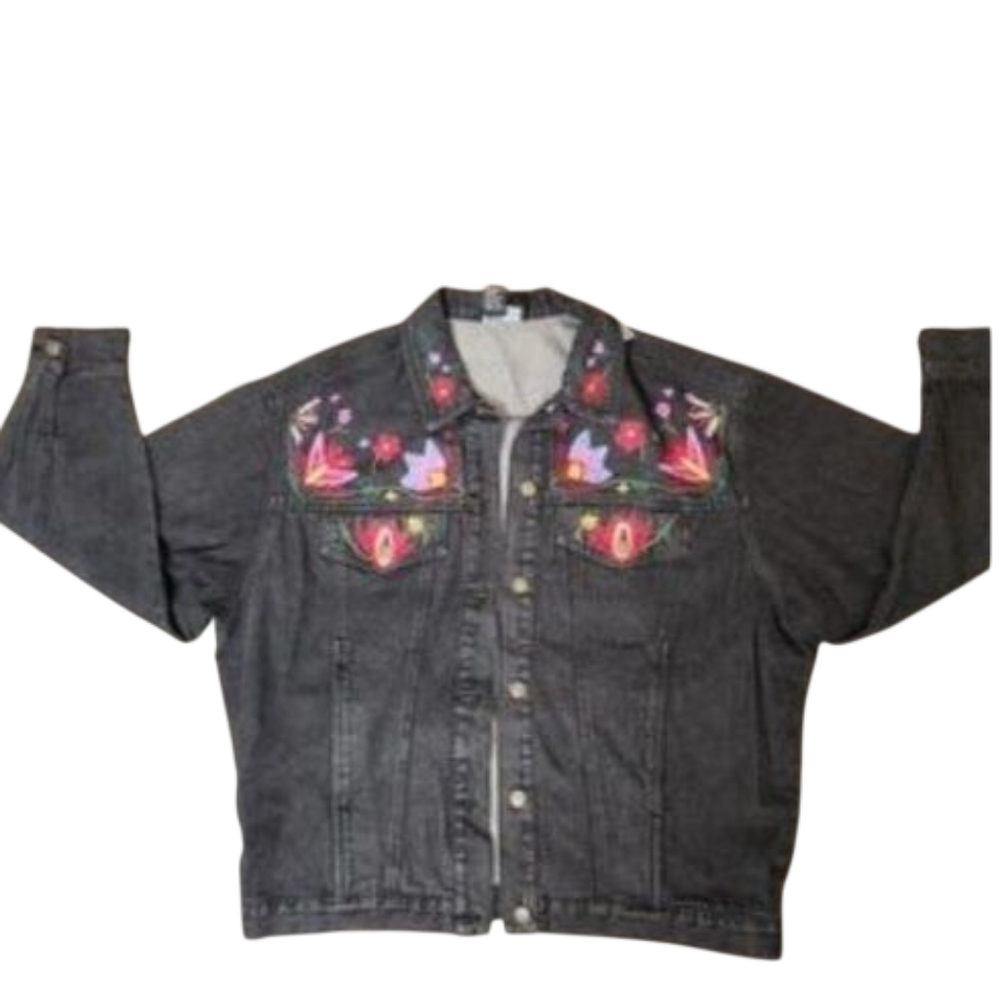 Carole Little Sport Black Denim Jacket with Floral Embroidery And Beading Boho 8